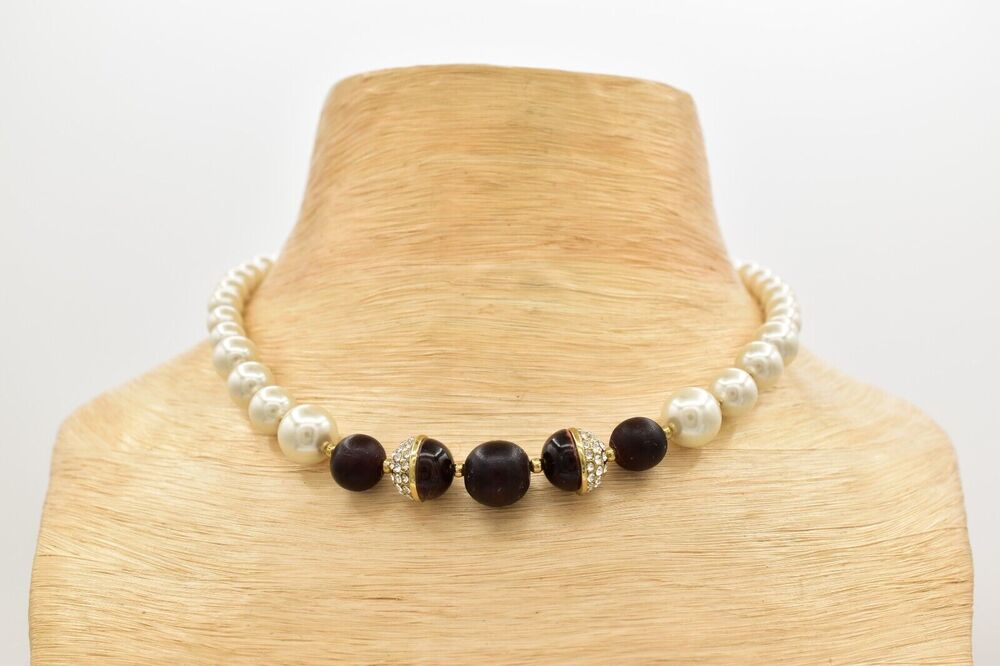Anne Klein Vintage Collar Necklace Faux Pearl Wood Crystal NOS Y2K Signed Bin3B